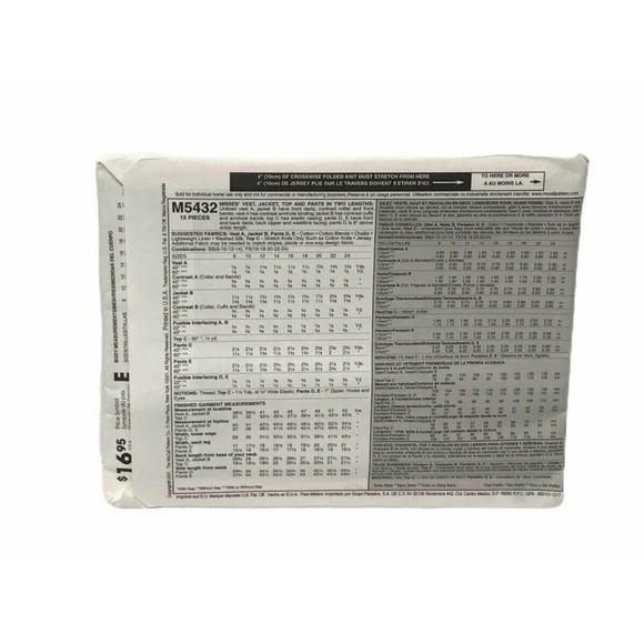 McCall M5432 VEST JACKET TOP PANT 16-24 bust 38-46 Sewing pattern 2007 Misses - Picture 6 of 7